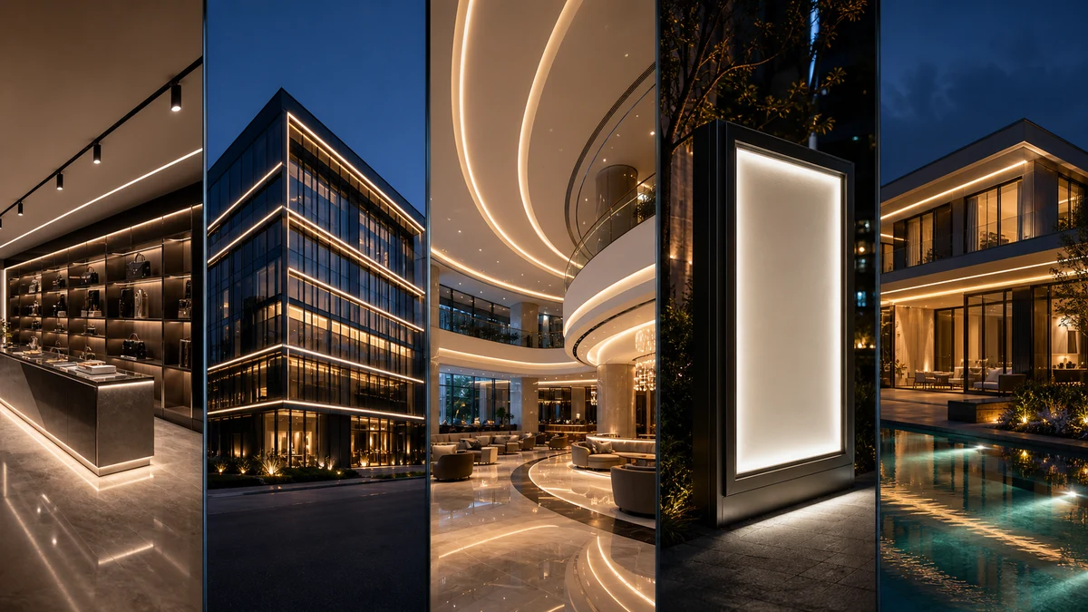 Collage of commercial, architectural, hospitality, signage and residential LED lighting applications